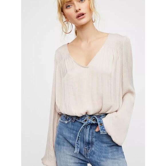 Free People Intimately Bodysuit Womens Large Beige Smockin' And Rockin' Smocked - Picture 9 of 9